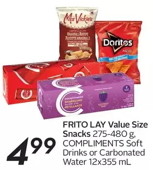 Sobeys Frito lay value size snacks, compliments soft drinks or carbonated water offer