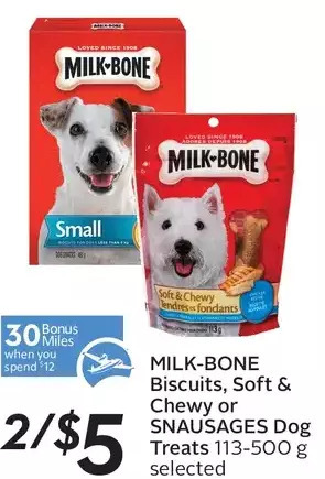 Sobeys Milk-bone biscuits, soft & chewy or snausages dog treats offer