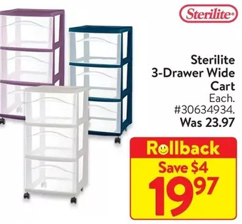 Walmart Sterilite 3-drawer wide cart offer