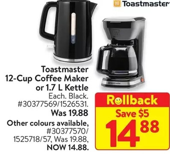 Walmart Toastmaster 12-cup coffee maker or 1.7 l kettle offer
