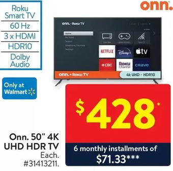 Walmart Onn. 50" 4k uhd hdr tv offer