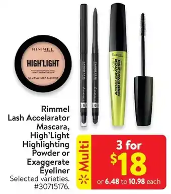 Walmart Rimmel lash accelarator mascara, high'light highlighting powder or exaggerate eyeliner offer