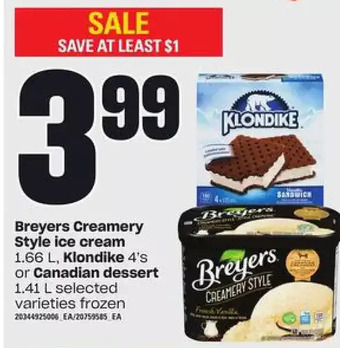 Loblaws Breyers creamery style ice cream, klondike or canadian dessert offer