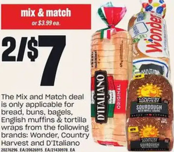 Zehrs Markets Wonder, country harvest and d'italiano bread, buns, bagels, english muffins & tortilla wraps offer