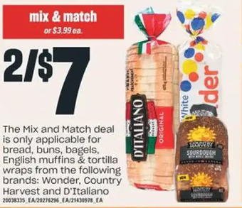 Valu-mart Wonder, country harvest and d'italiano bread, buns, bagels, english muffins & tortilla wraps offer