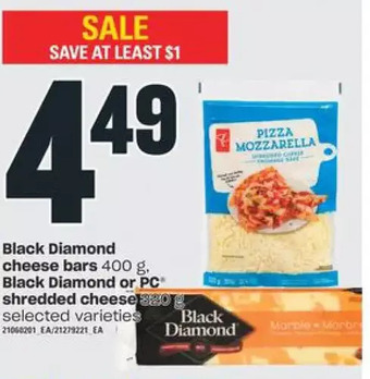 Valu-mart Black diamond cheese bars, black diamond or pc shredded cheese offer