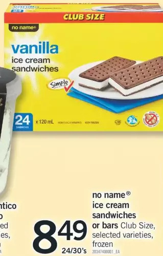 Fortinos No name ice cream sandwiches or bars offer