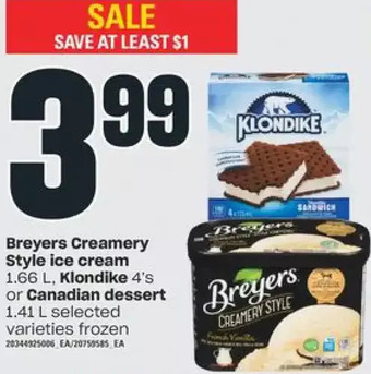 Independent Grocer Breyers creamery style ice cream, klondike or canadian dessert offer