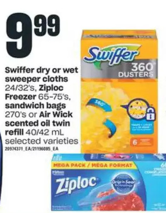 Independent Grocer Swiffer dry or wet sweeper cloths, ziploc freezer, sandwich bags or air wick scented oil twin refill offer