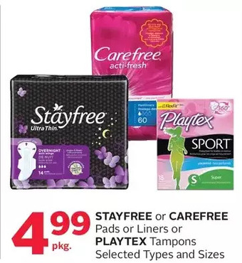 Rexall Stayfree or carefree pads or liners or playtex tampons offer