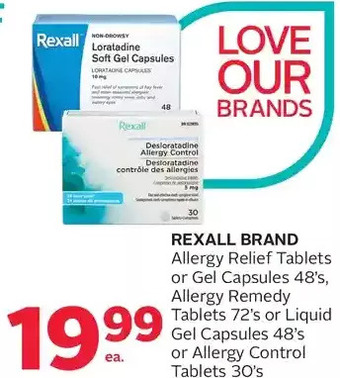 Rexall Rexall brand allergy relief tablets or gel capsules, allergy remedy tablets or liquid gel capsules or allergy control tablets offer