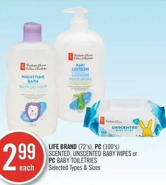 Shoppers Drug Mart Life brand, pc scented, unscented baby wipes or pc baby toiletries offer