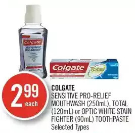 Shoppers Drug Mart Colgate sensitive pro-relief mouthwash, total or optic white stain fighter toothpaste offer