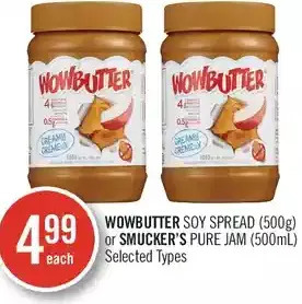 Shoppers Drug Mart Wowbutter soy spread or smucker's pure jam offer