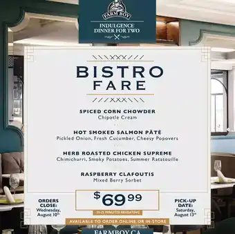 Farm Boy Farm boy spiced corn chowder | hot smoked salmon pate | herb roasted chicken supreme | raspberry clafoutis offer