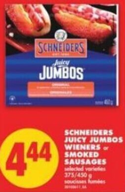 No Frills Schneiders Juicy Jumbos Wieners or Smoked Sausages 375/450g offer