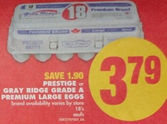 No Frills Prestige or Gray Ridge Grade A Premium Large Eggs 18's offer