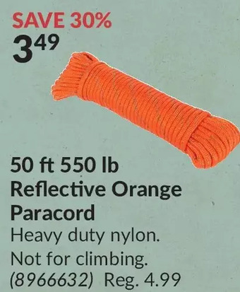 Princess Auto 50 ft 550 lb reflective orange paracord offer