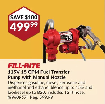 Princess Auto Fill-rite 115v 15 gpm fuel transfer pump with manual nozzle offer