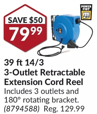 Princess Auto Power fist 39 ft 14/3 3-outlet retractable extension cord reel offer