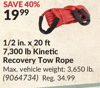 Princess Auto 1/2 in. x 20 ft 7,300 lb kinetic recovery tow rope offer