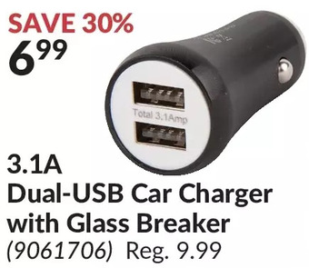 Princess Auto 3.1a dual-usb car charger with glass breaker offer