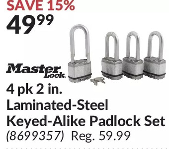 Princess Auto Master lock 4 pk 2 in. laminated-steel keyed-alike padlock set offer