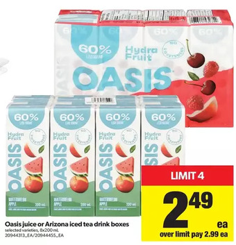 Real Canadian Superstore Oasis juice or arizona iced tea drink boxes offer