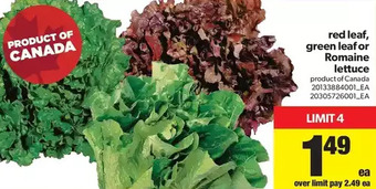 Real Canadian Superstore Red leaf, green leaf or romaine lettuce offer