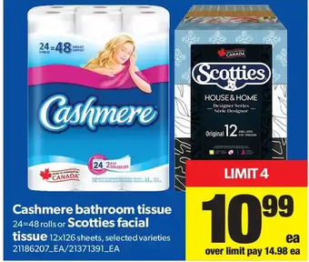 Real Canadian Superstore Cashmere bathroom tissue or scotties facial tissue offer