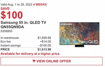 Costco Samsung 55 in. qled tv qn55qn9da offer
