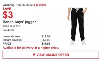 Costco Bench boys' jogger offer