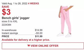 Costco Bench girls' jogger offer