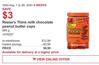Costco Reese's thins milk chocolate peanut butter cups offer