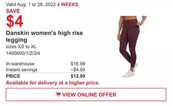 Costco Danskin women's high rise legging offer
