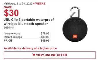 Costco Jbl clip 3 portable waterproof wireless bluetooth speaker offer