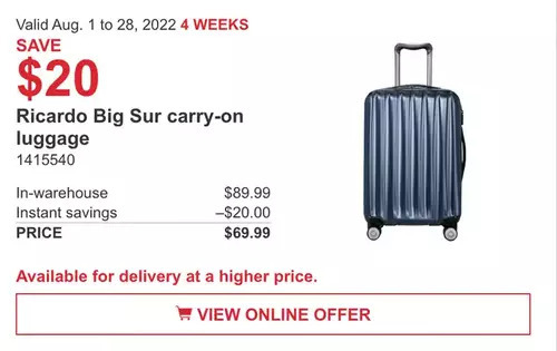 Costco Ricardo big sur carry-on luggage offer