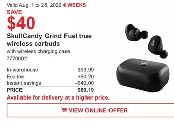 Costco Skullcandy grind fuel true wireless earbuds offer