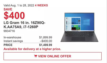 Costco Lg gram 16 in. 16z90q-k.aa75a9, i7-1260p offer