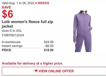 Costco Lolë women's fleece full zip jacket offer