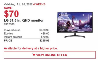 Costco Lg 31.5 in. qhd monitor offer