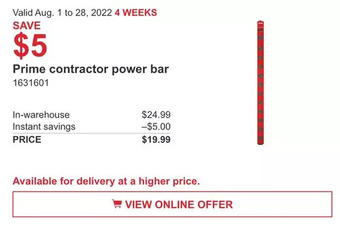 Costco Prime contractor power bar offer