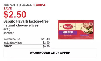 Costco Saputo havarti lactose-free natural cheese slices offer