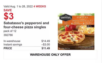 Costco Sabatasso's pepperoni and four-cheese pizza singles offer
