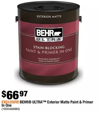 Home Depot Behr ultra exterior matte paint & primer in one offer