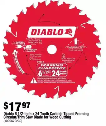 Home Depot Diablo 6 1/2-inch x 24 tooth carbide tipped framing circular/trim saw blade for wood cutting offer