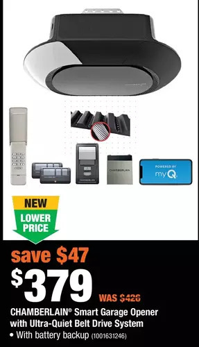 Home Depot Chamberlain smart garage opener with ultra-quiet belt drive system offer