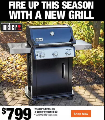 Home Depot Weber spirit e-315 3-burner propane bbq offer