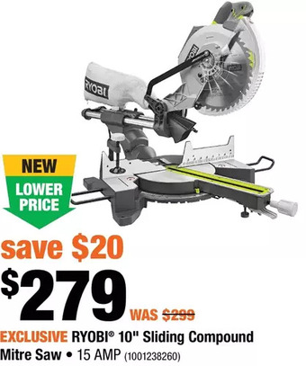 Home Depot Ryobi 10" sliding compound mitre saw offer
