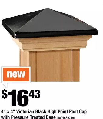 Home Depot 4" x 4" victorian black high point post cap with pressure treated base offer